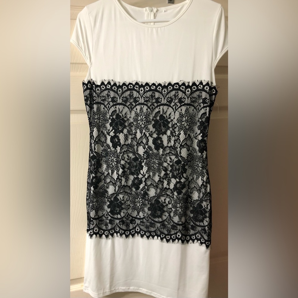 NWOT White Dress w/ Black Lace Overlay